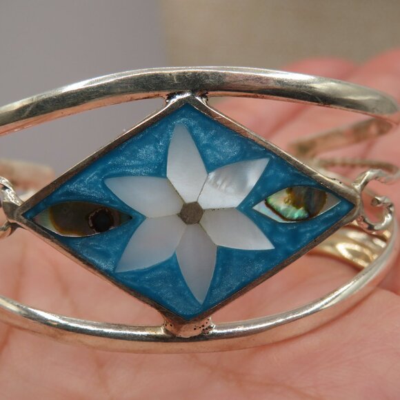 Vintage Alpaca Mexico Mother of Pearl Abalone Inlay Silver Cuff Bracelet - Picture 4 of 7